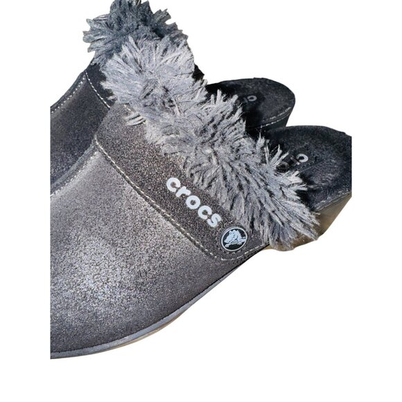 Crocs Shoes Womens 7 Cobbler Mule Clogs Black Suede Faux Fur Trim Wedge 11602 - Picture 3 of 10